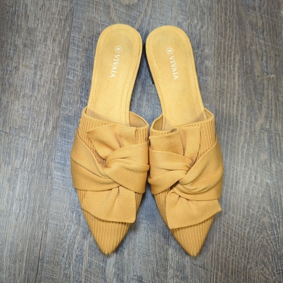 VIVAIA Pointed-Toe Knot Mules Size 40 US 9 Mustard Yellow Low Heel Slip On Yaffa - Picture 6 of 13